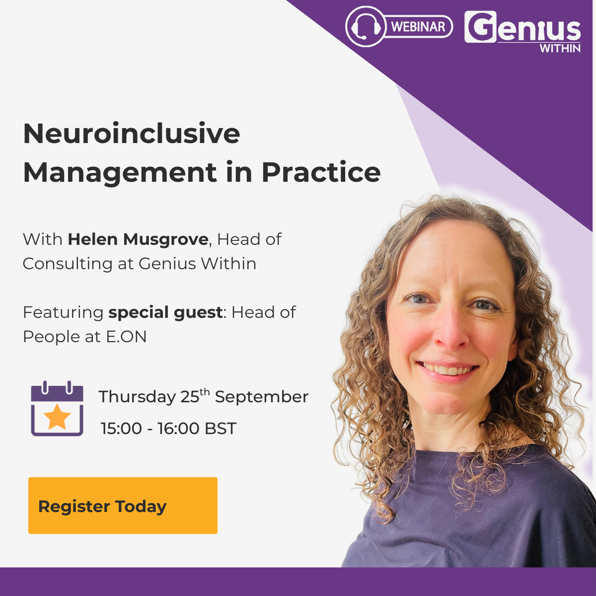 Webinar promotion titled Neuroinclusive Management in Practice with helen musgrove on 25th September 15:00 - 16:00