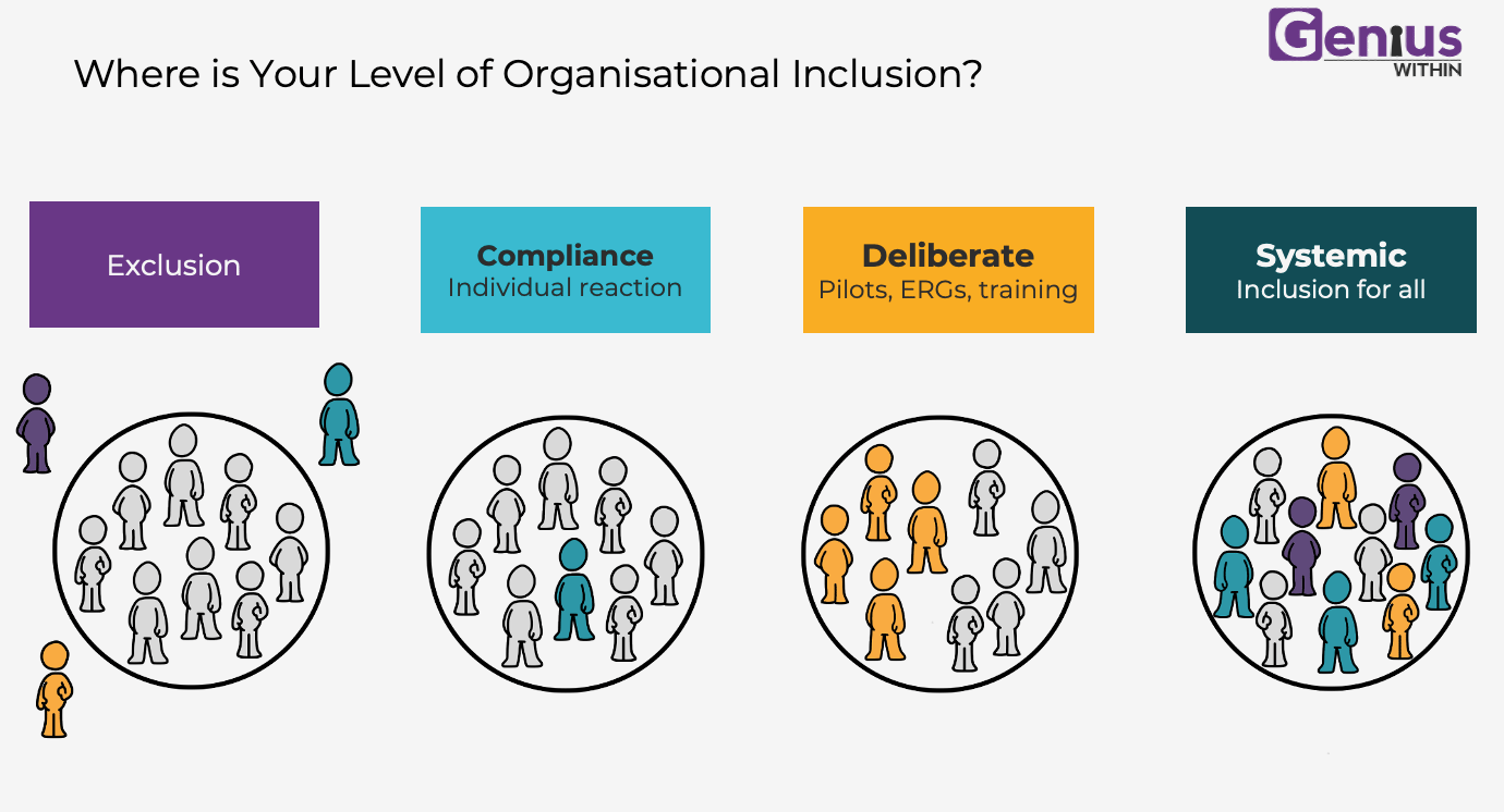 Image shows four rectangles arranged in a row - purple, light blue, orange and dark green. they are labelled Exclusion, Compliance, Deliberate and Systemic.